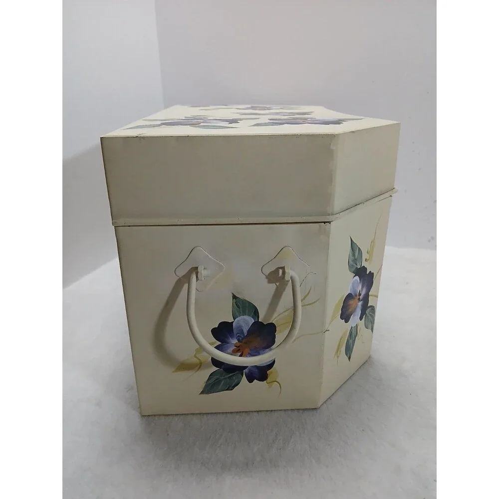 ​VINTAGE Hand Painted‎ Metal SEWING BOX CADDY Pansy Floral Trunk